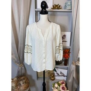 Adrienne Vittadini GUC Lightweight Split V-neck Button Front 3/4 Balloon Sleeve